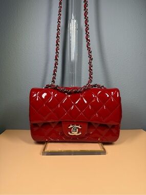 Chanel Red Quilted Patent Leather Classic Rectangular Mini Flap Bag
